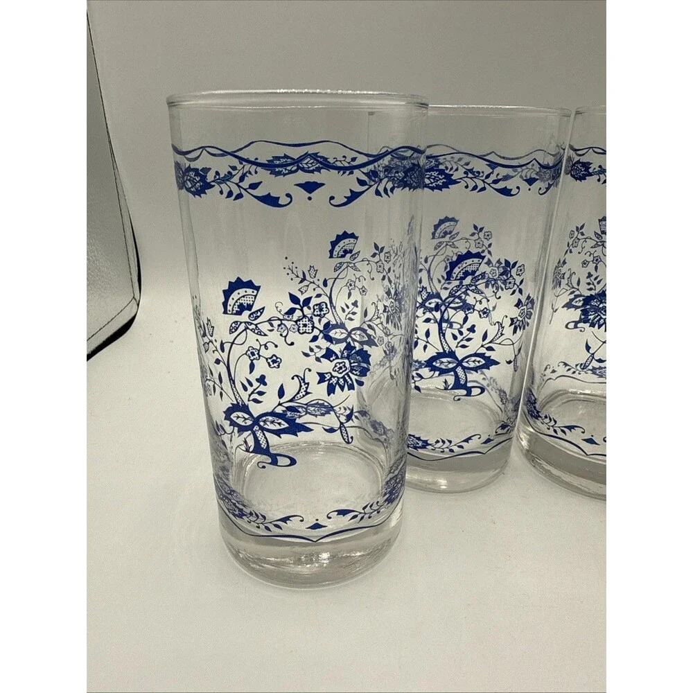 Vintage Libbey Corelle Blue Floral 1985 12 Oz Tumblers Set 4 Blue Onion Style